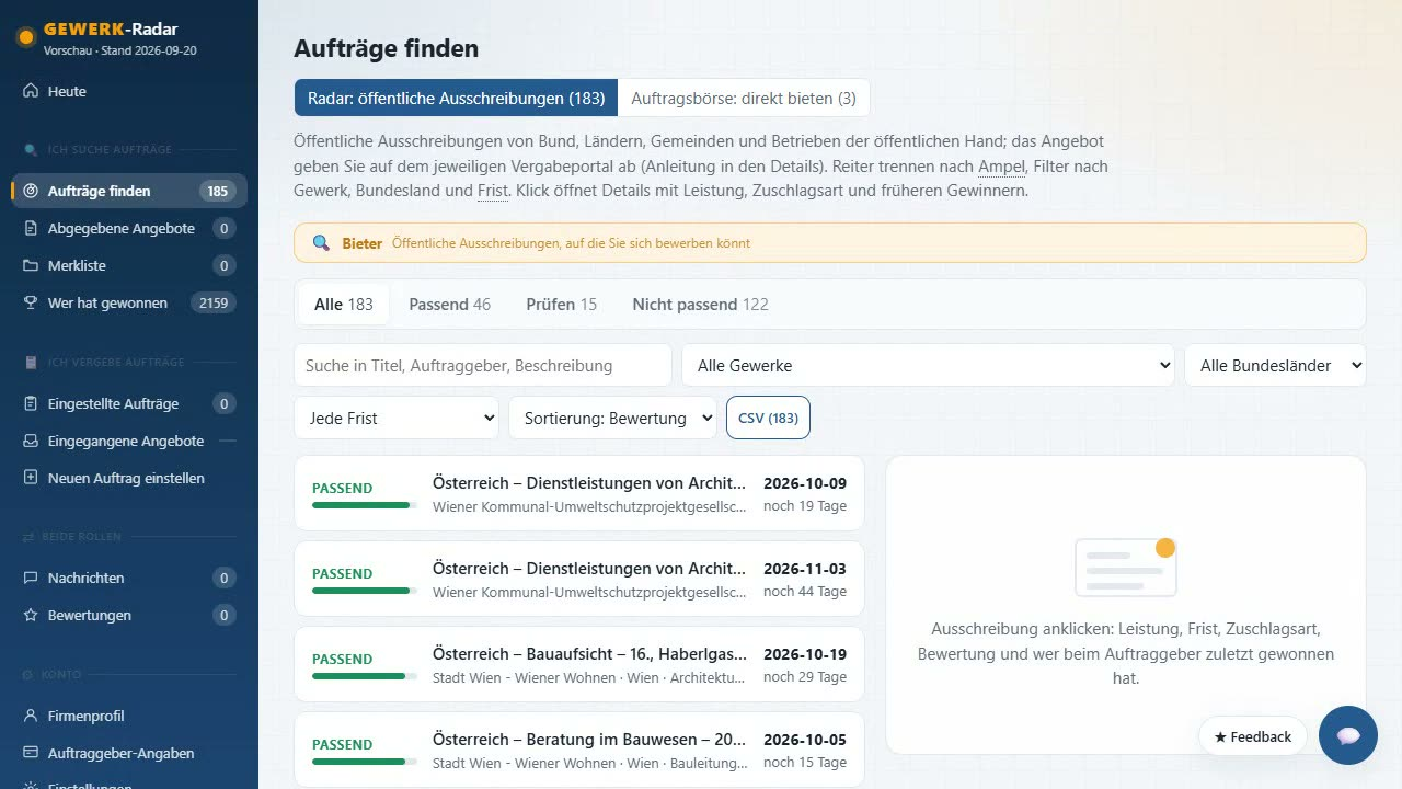 Gewerk-Radar: Ausschreibungen mit Ampel